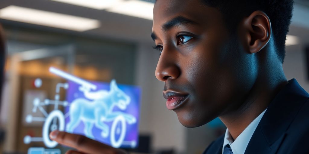 Executive in suit observing holographic video game