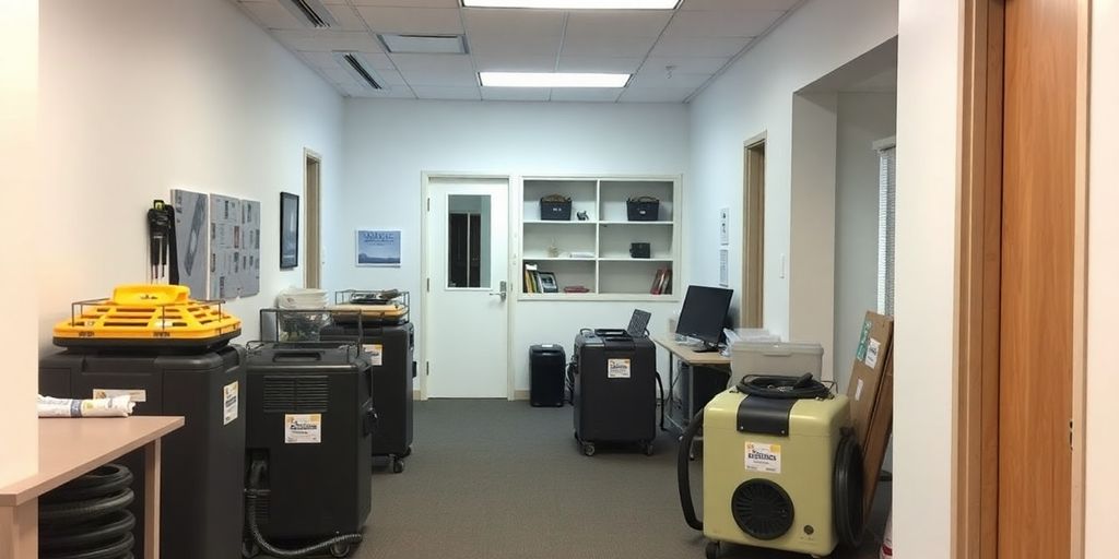 Modern office with drying equipment and restoration tools.