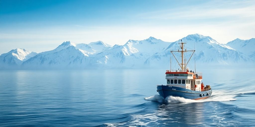 A commercial fishing boat sailing in Alaska near snowy mountains.