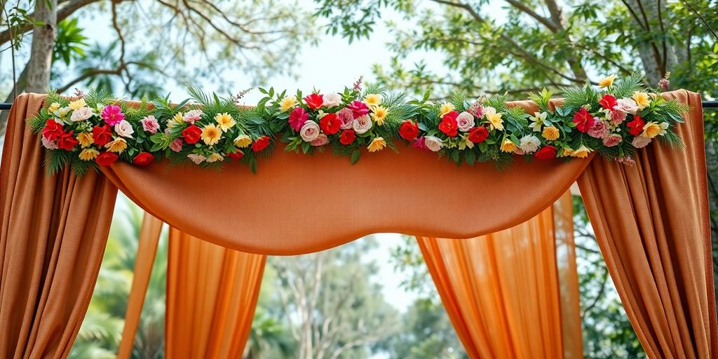 Photographic image of a decorative brown banner outdoors.
