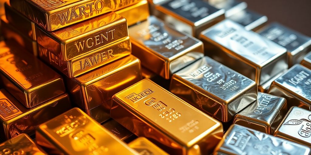 Lingots d'or et d'argent scintillant sur un fond flou.