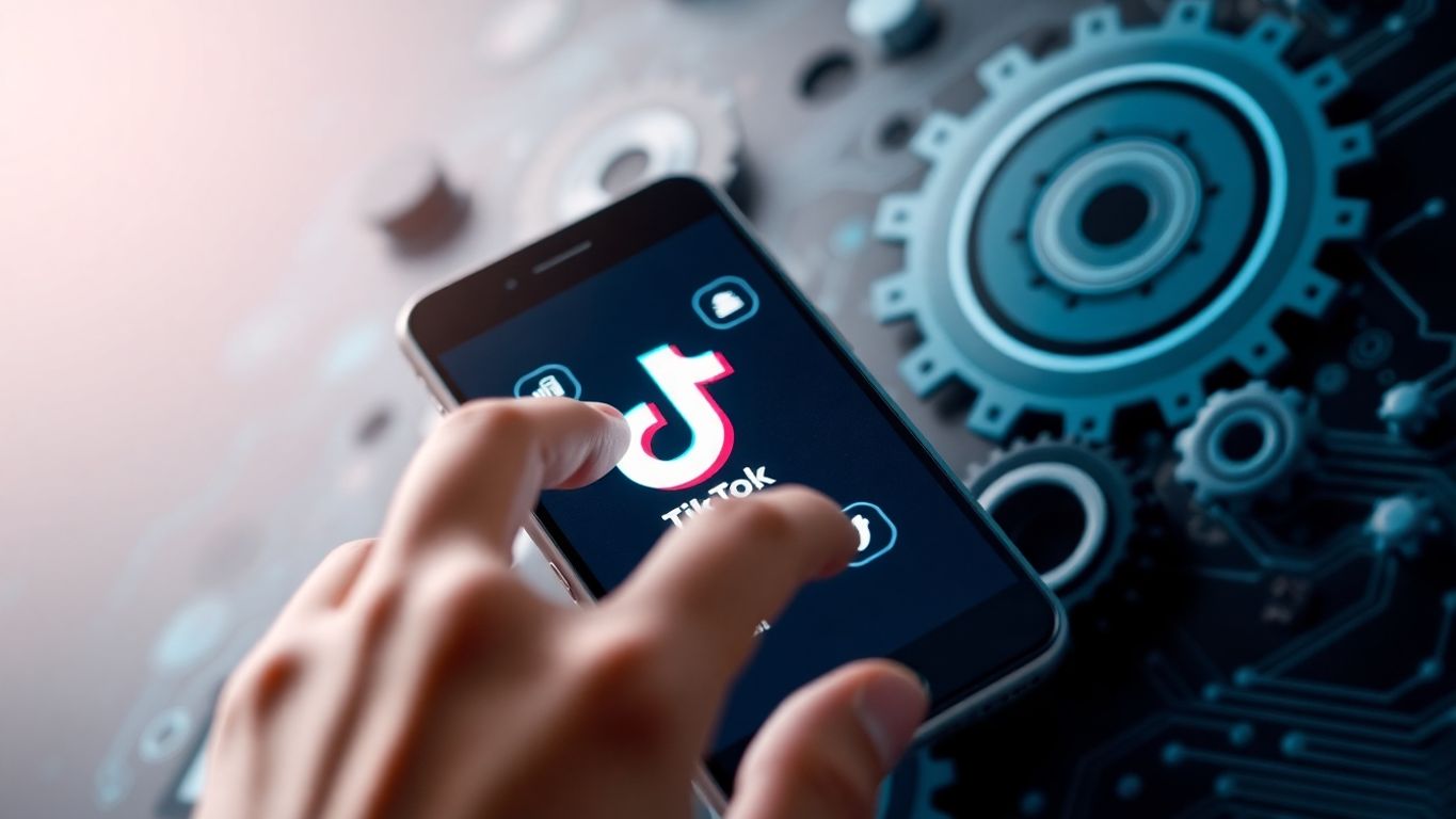 Hand using smartphone with TikTok icons and gears.