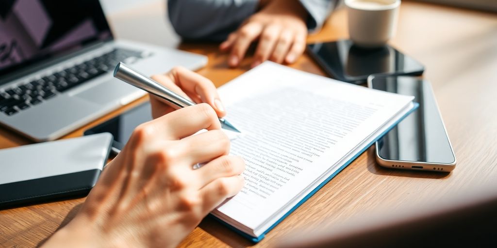 Person writing on notepad with devices around.