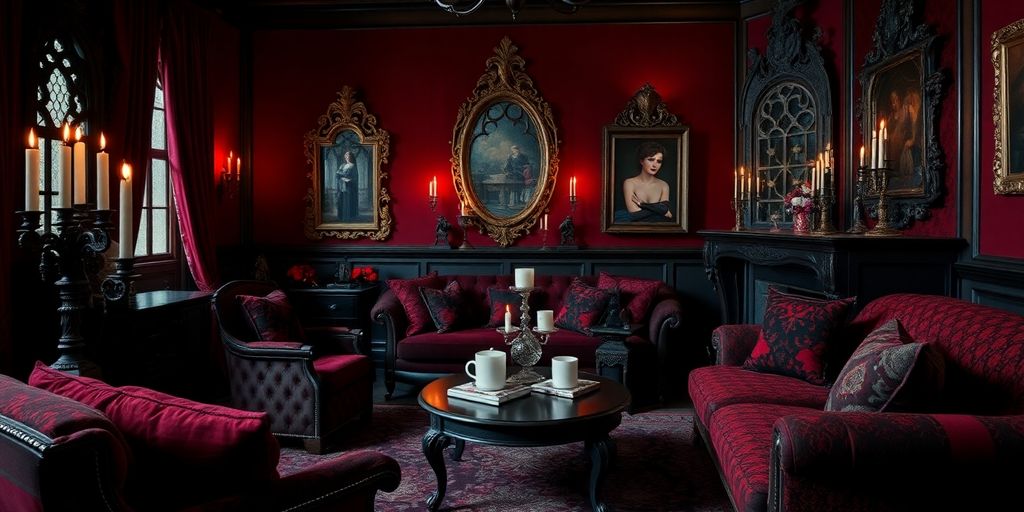 Gothic living room with dark decor and ornate furnishings.