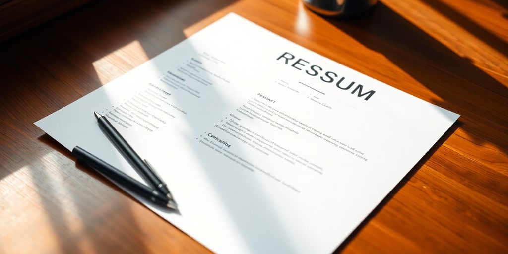 Polished resume on wooden desk.