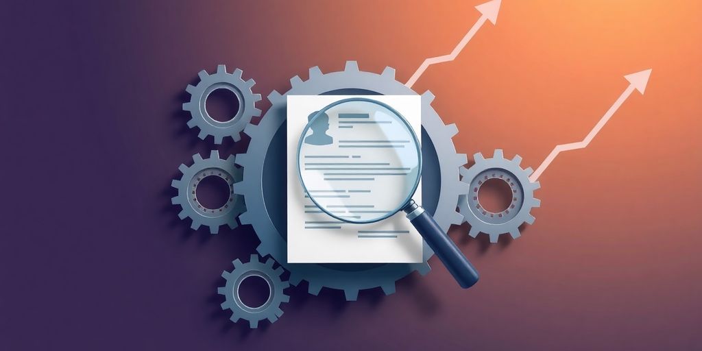 Professional resume, magnifying glass, gears, successful career.
