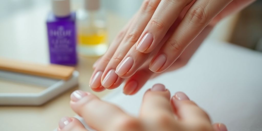 Close-up of well-groomed nails with care products.