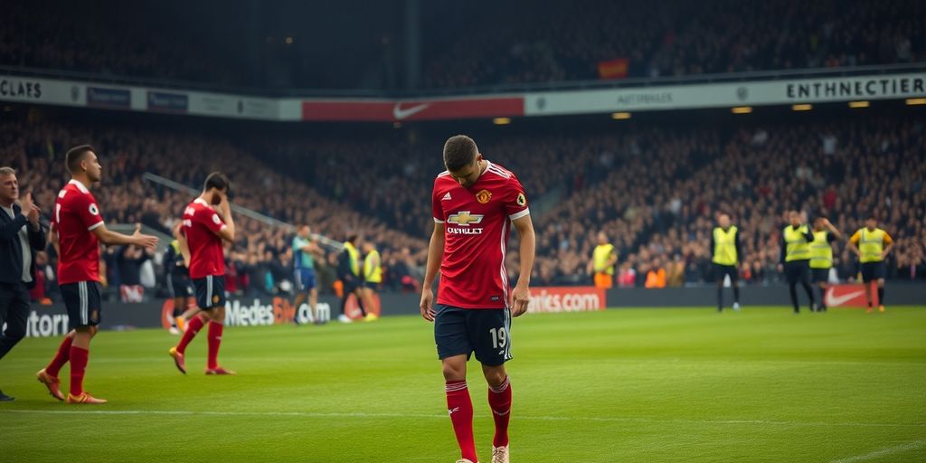 Dejected Manchester United player on the field, disappointed fans.
