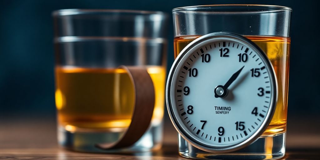 Timer next to a glass of alcohol, illustrating the 20-minute rule.