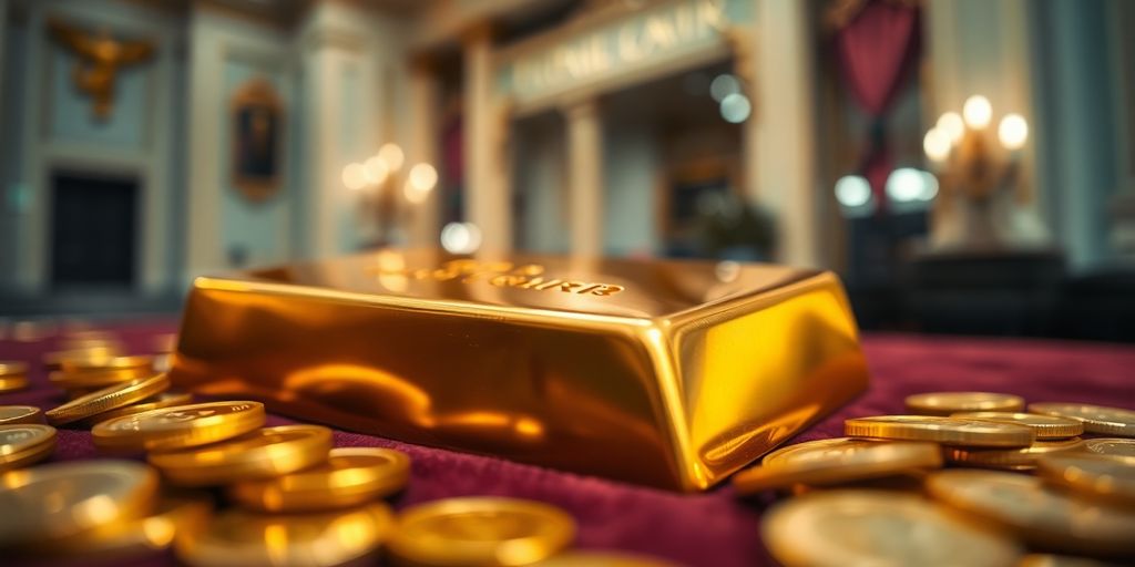Brique d'or sur un fond de velours et de pièces.