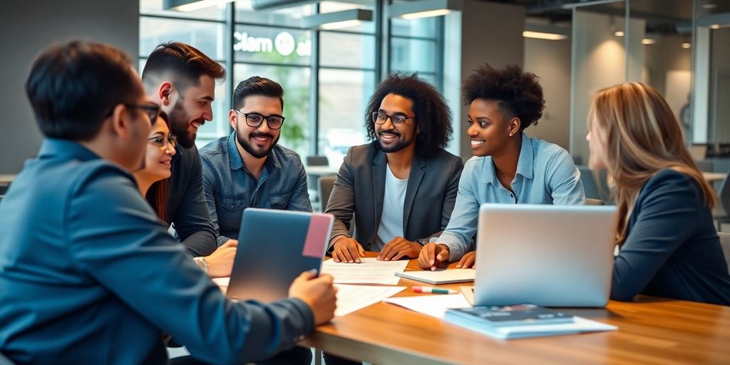 Group of entrepreneurs collaborating in a modern office.