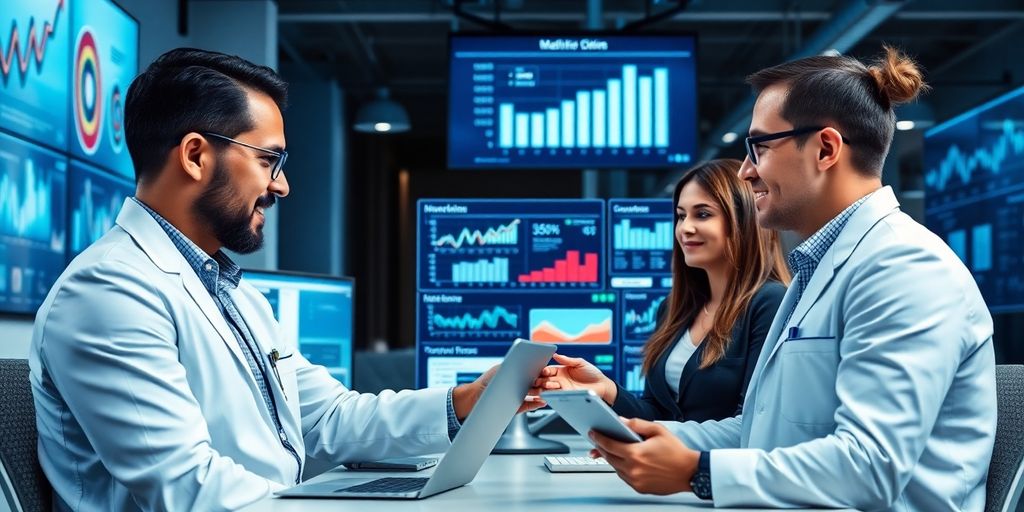 Profissionais de marketing digital em escritório moderno.