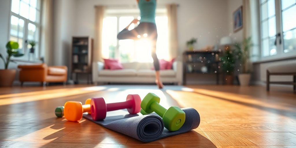 Colorful dumbbells and yoga mat on a wooden floor.