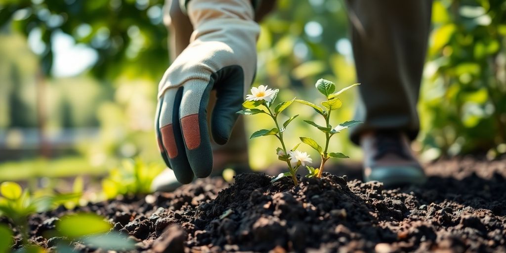 Landscaper kneeling, planting flowers in garden.