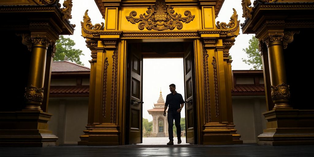 Thai temple gate with a shadowy figure passing through.