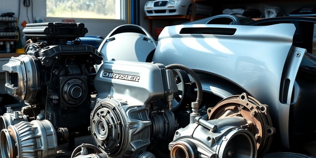 Chrysler car parts laid out neatly.