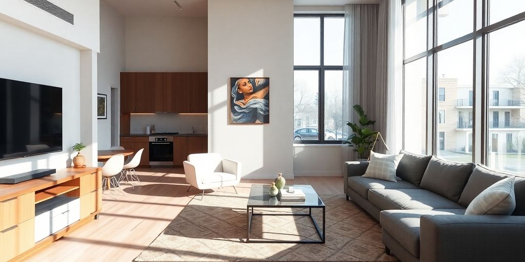 Modern interior of a rental property with automated systems.