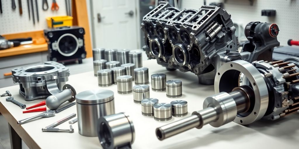 Mitsubishi engine parts arranged on a clean workbench