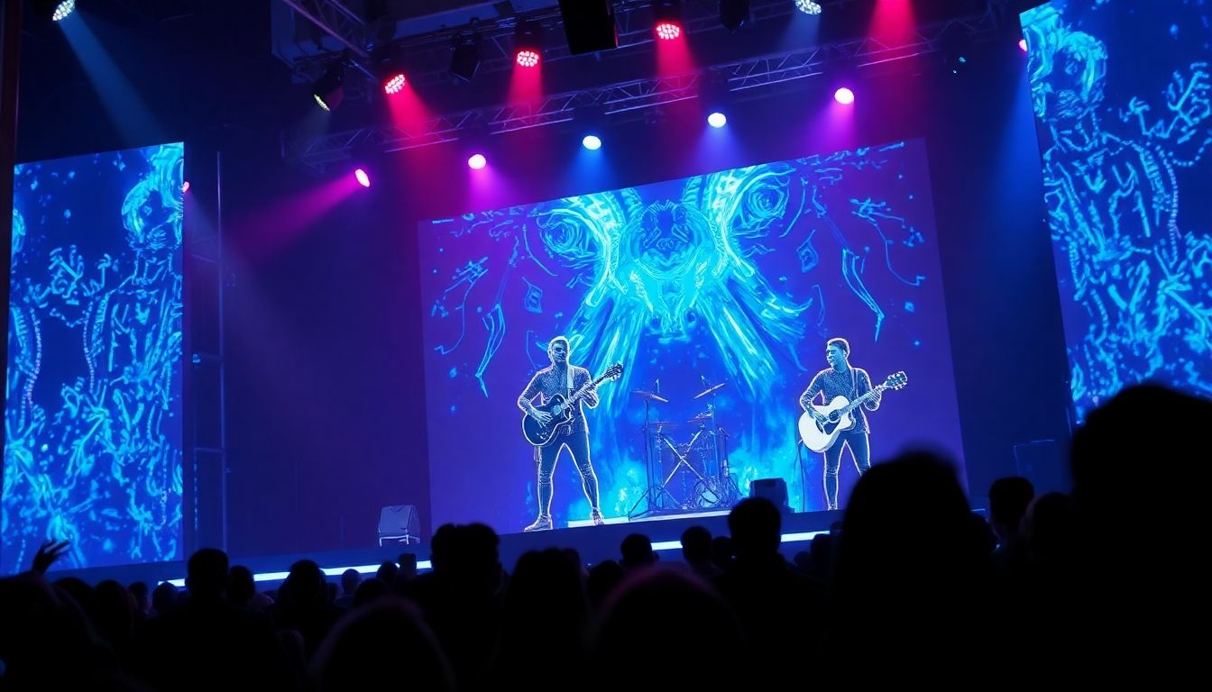 AI band performing on a futuristic stage.
