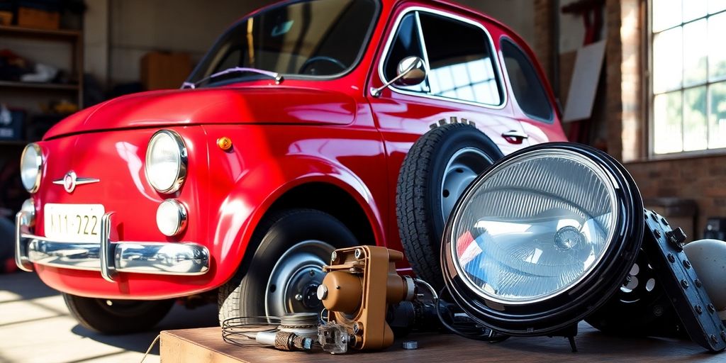 Fiat 500 car with spare parts.