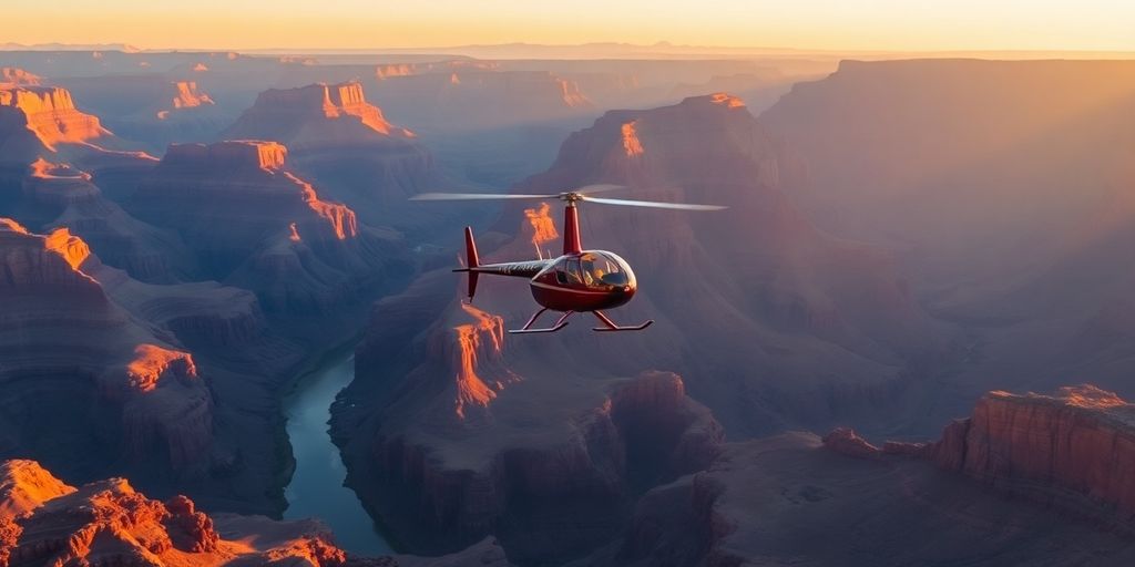 An aerial view of a helicopter flying over the Grand Canyon.