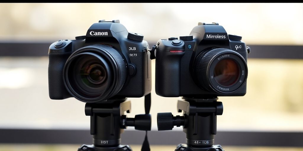 DSLR and mirrorless cameras side-by-side on tripod.