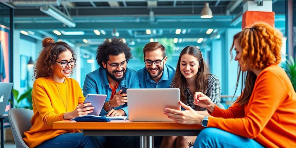 Pessoas colaborando em um espaço moderno e vibrante.