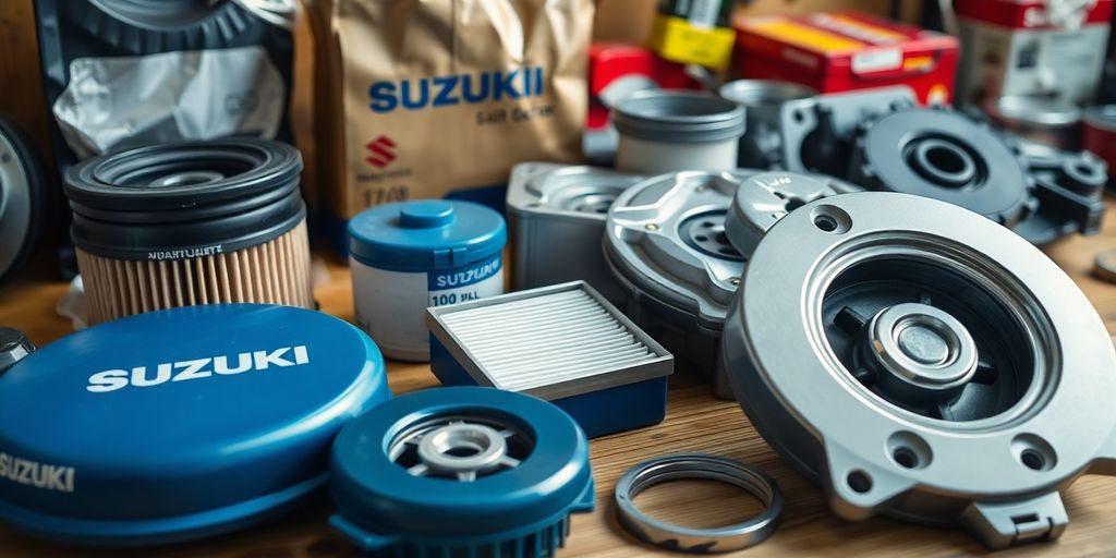 Suzuki car parts laid out on a workbench.