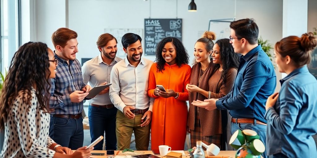 Diverse leaders collaborating in a modern workspace.
