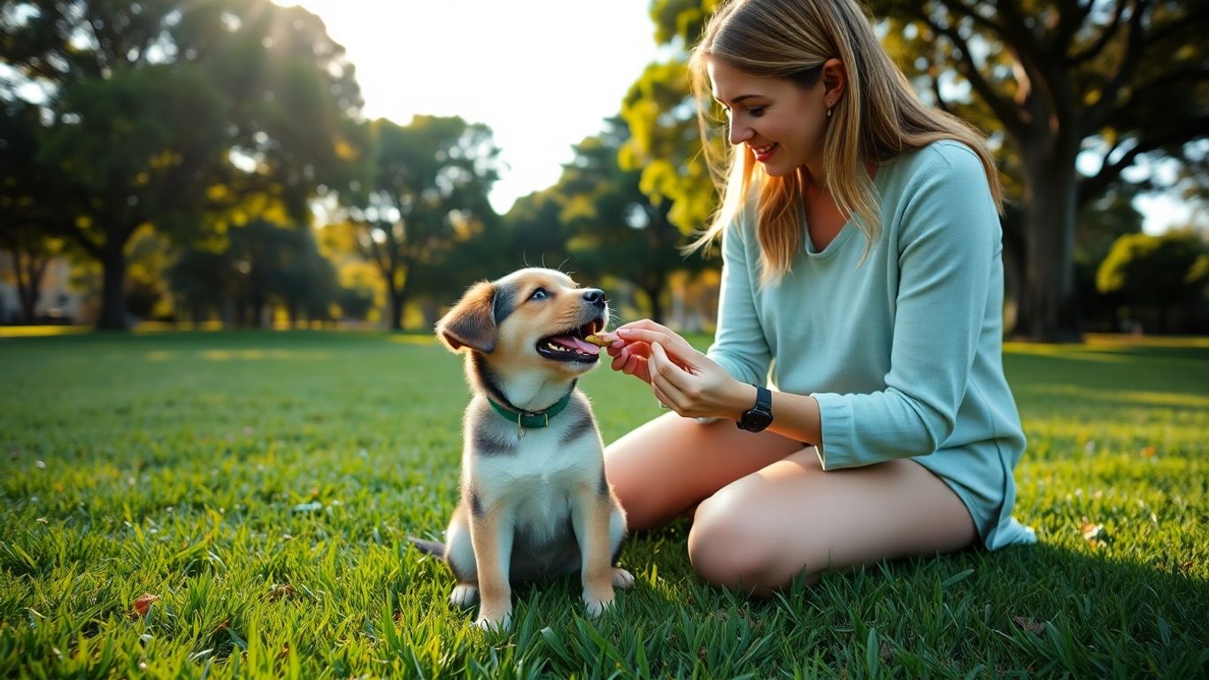 Woman training happy puppy outdoors in Sydney park