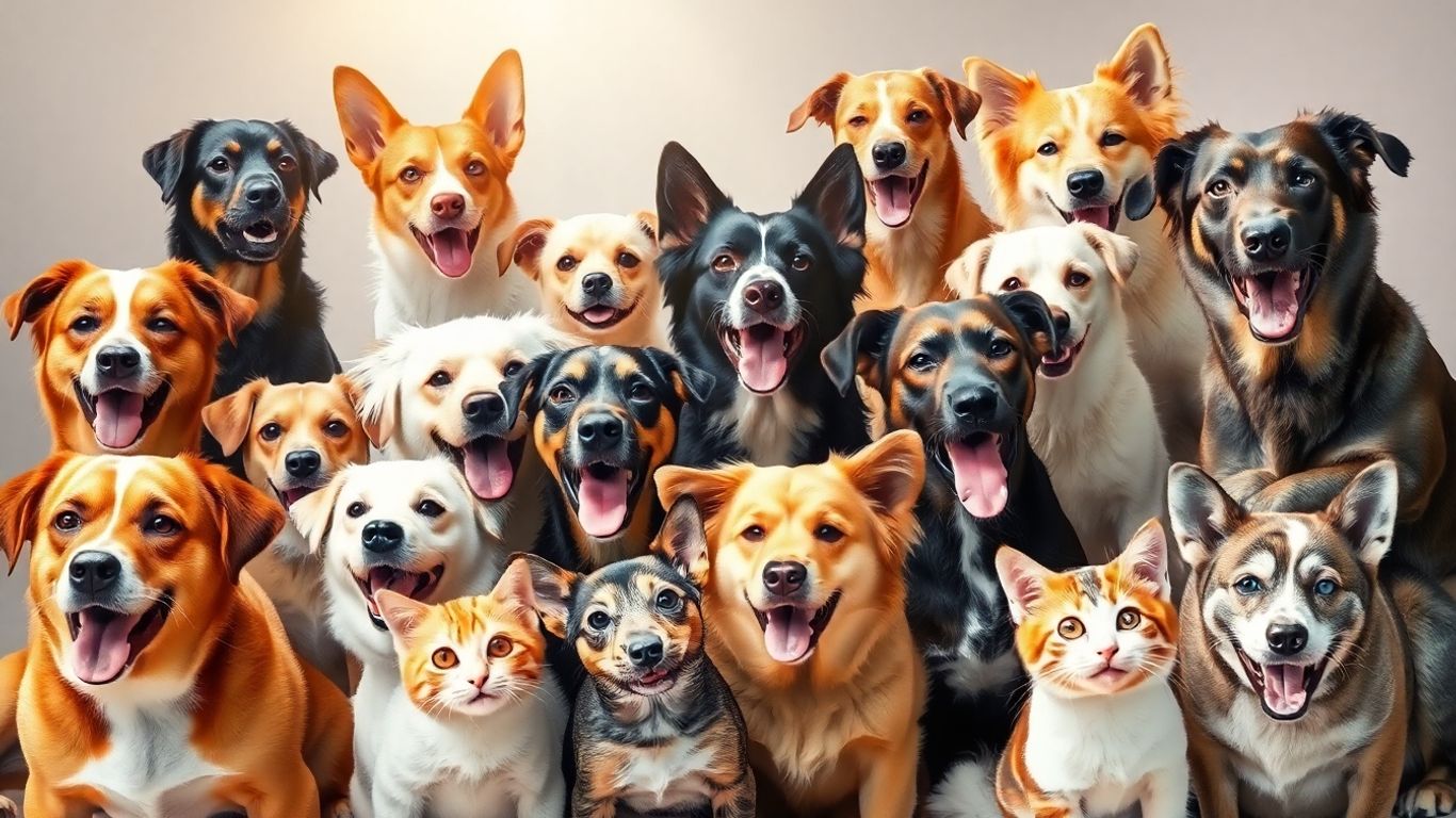 Happy dogs and cats together in sunlight.