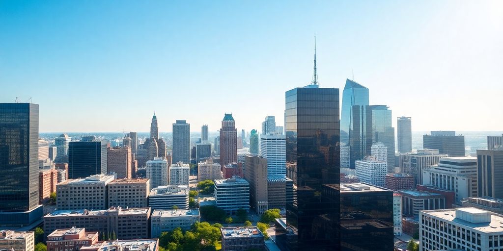 New Jersey skyline with buildings.