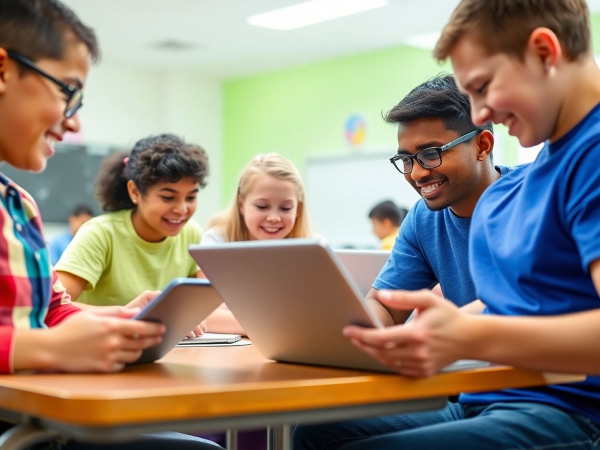 Elevi folosind laptopuri și tablete în clasă.