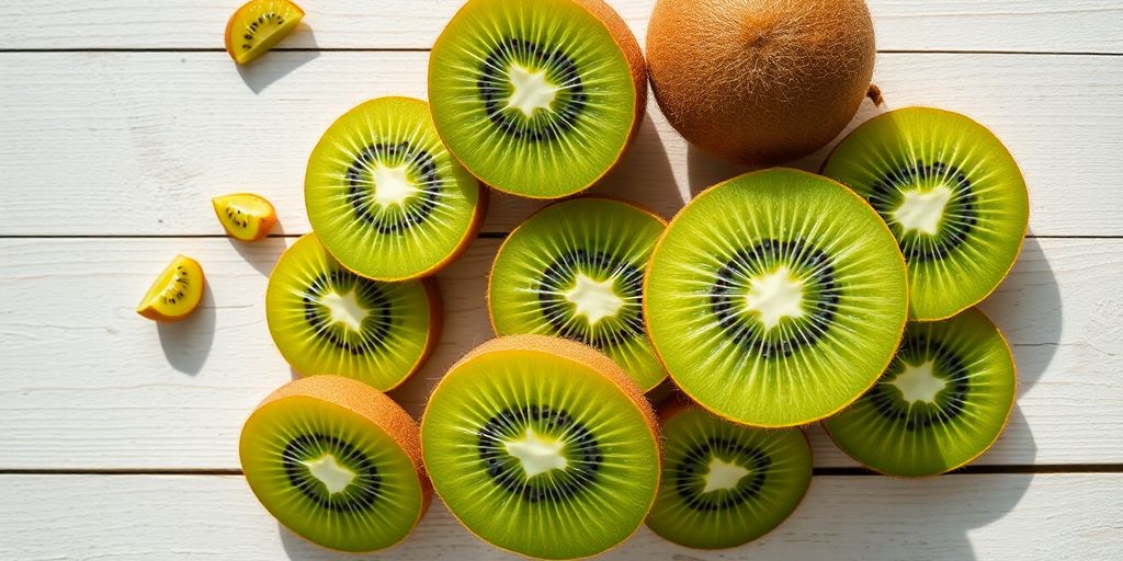 Whole and sliced kiwis on wooden surface.