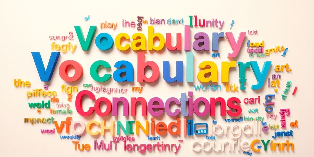 Colorful vocabulary words arranged in an artistic collage.