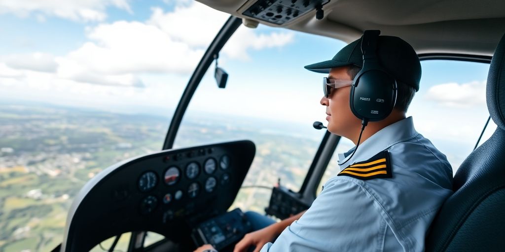 Helicopter pilot in cockpit with scenic aerial view.