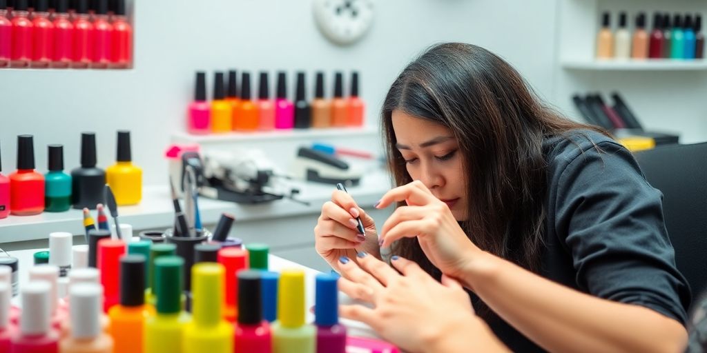 Técnica aplicando esmalte em unhas com acessórios coloridos.