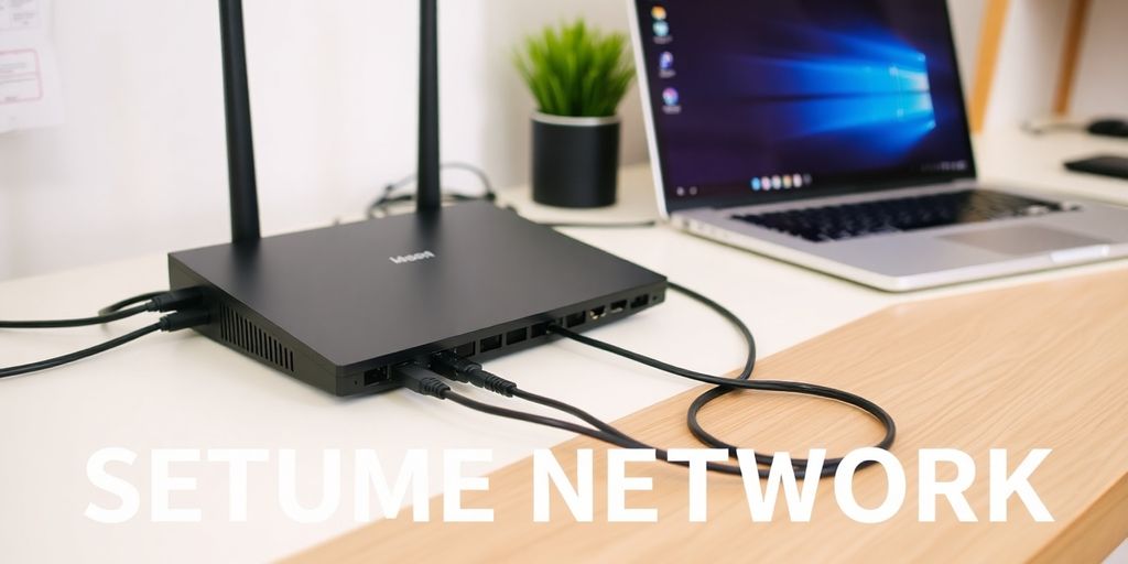 Home network setup with router and cables.