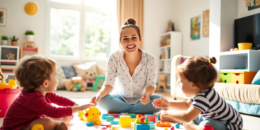 Babysitter playing with kids in a colorful room.