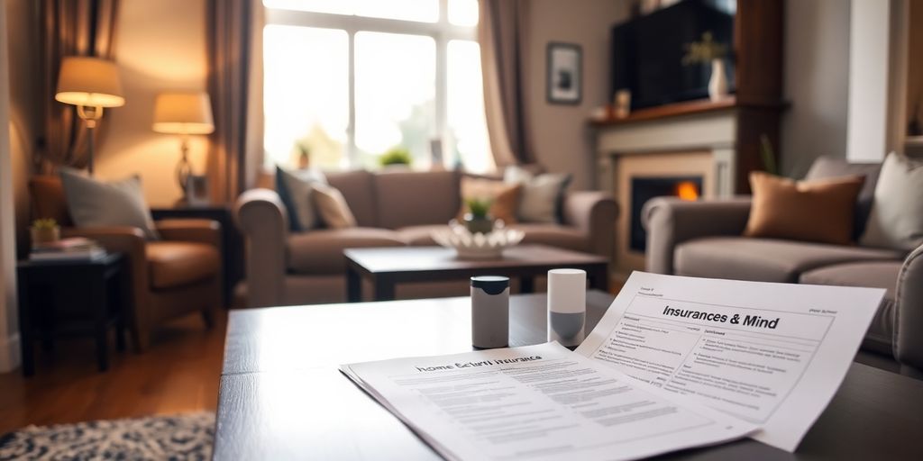 Cozy living room with security system and insurance documents.