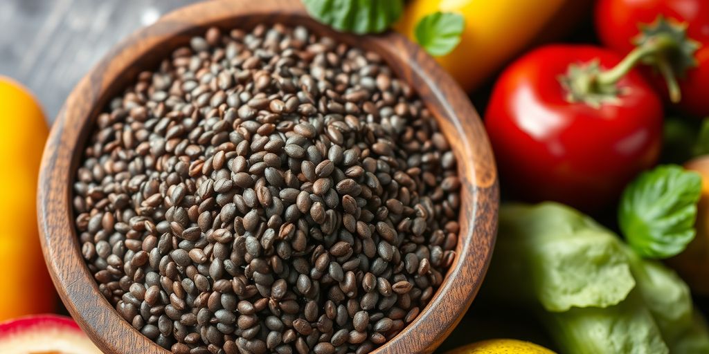 Bulk chia seeds in a wooden bowl with fresh produce.