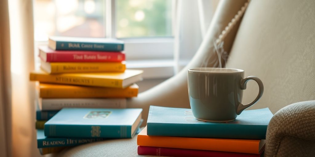 Cozy reading nook with books and a coffee cup.