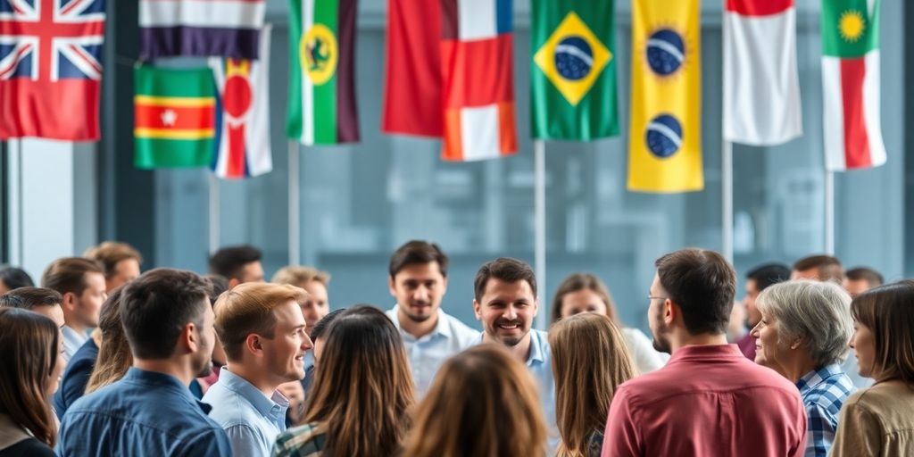 Diverse group discussing with international flags in background.