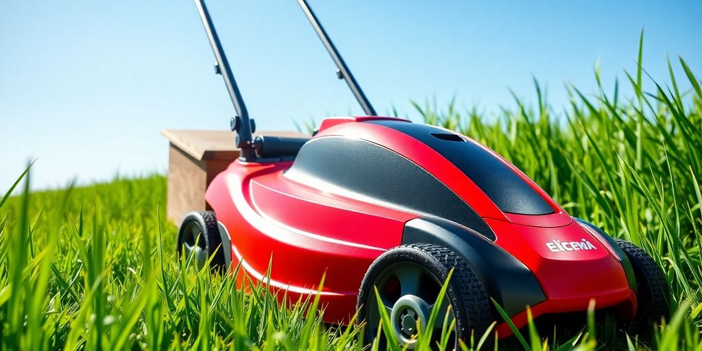 Electric mower on green grass under a blue sky.