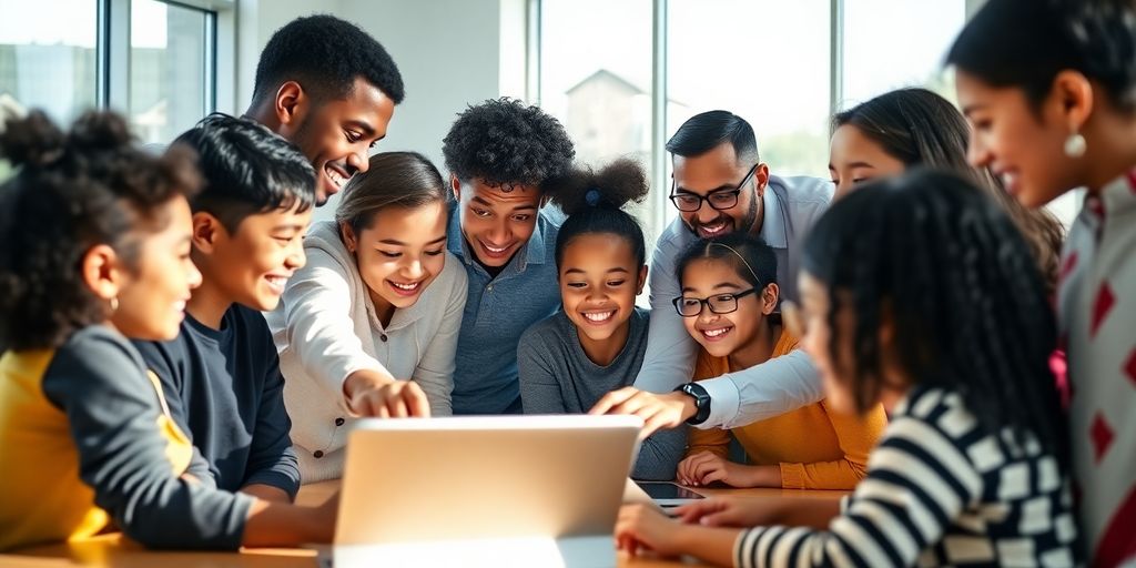 Students and teacher collaborating around tablet and laptop in classroom