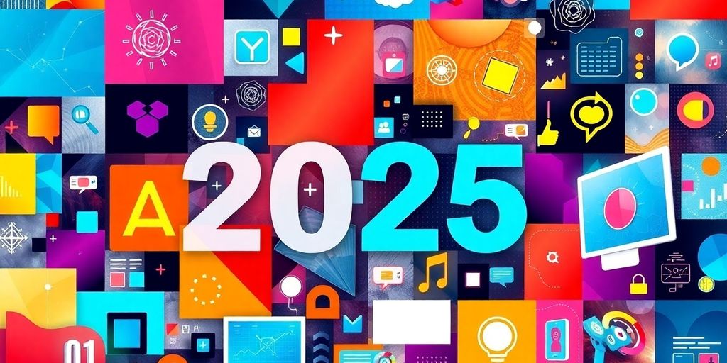 Vibrante Marketing-Visuals mit kreativen Elementen für 2025.