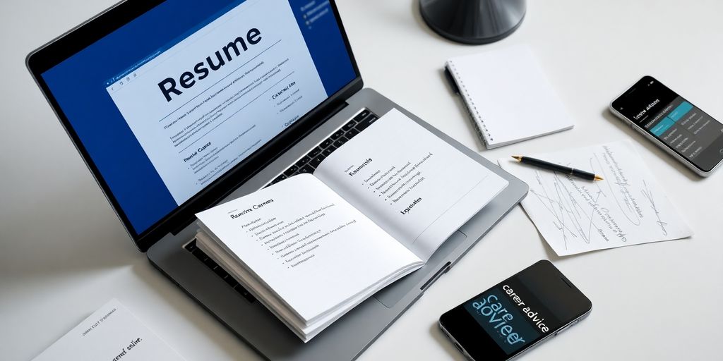Laptop displaying a resume with various career tools around it.