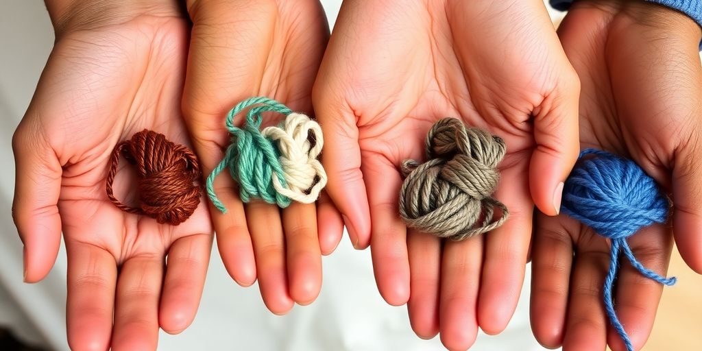 Four hands holding yarn bundles next to diverse skin.