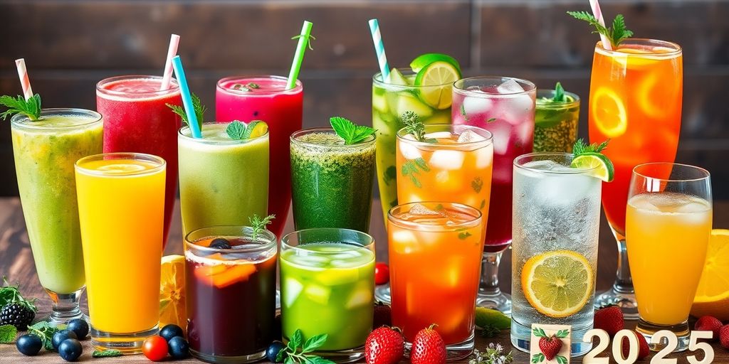 Colorful non-alcoholic drinks on a rustic wooden table.