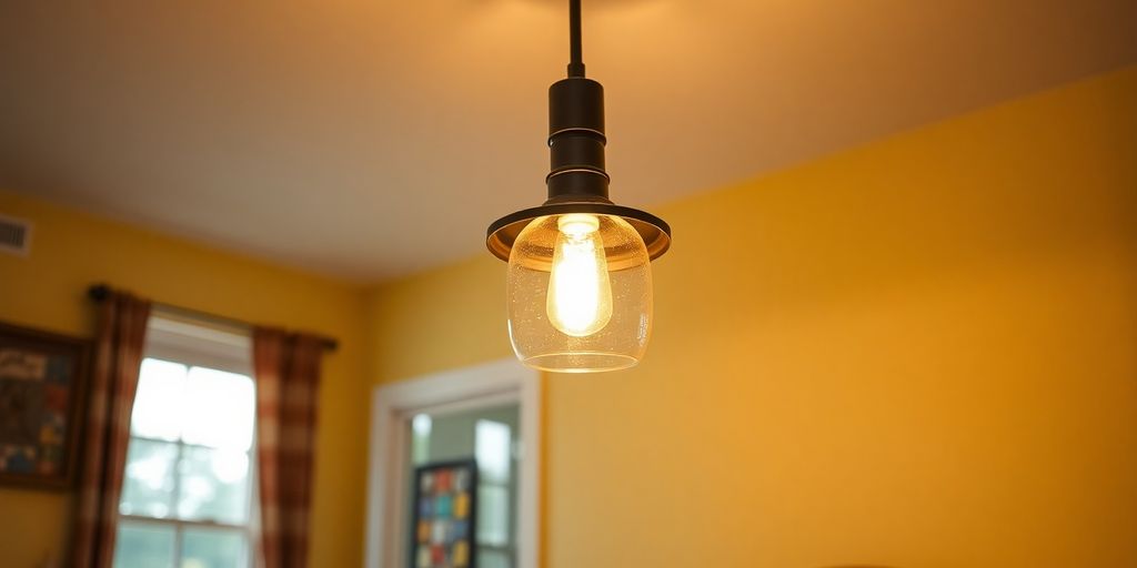 Children's bedroom with a classic schoolhouse ceiling light.